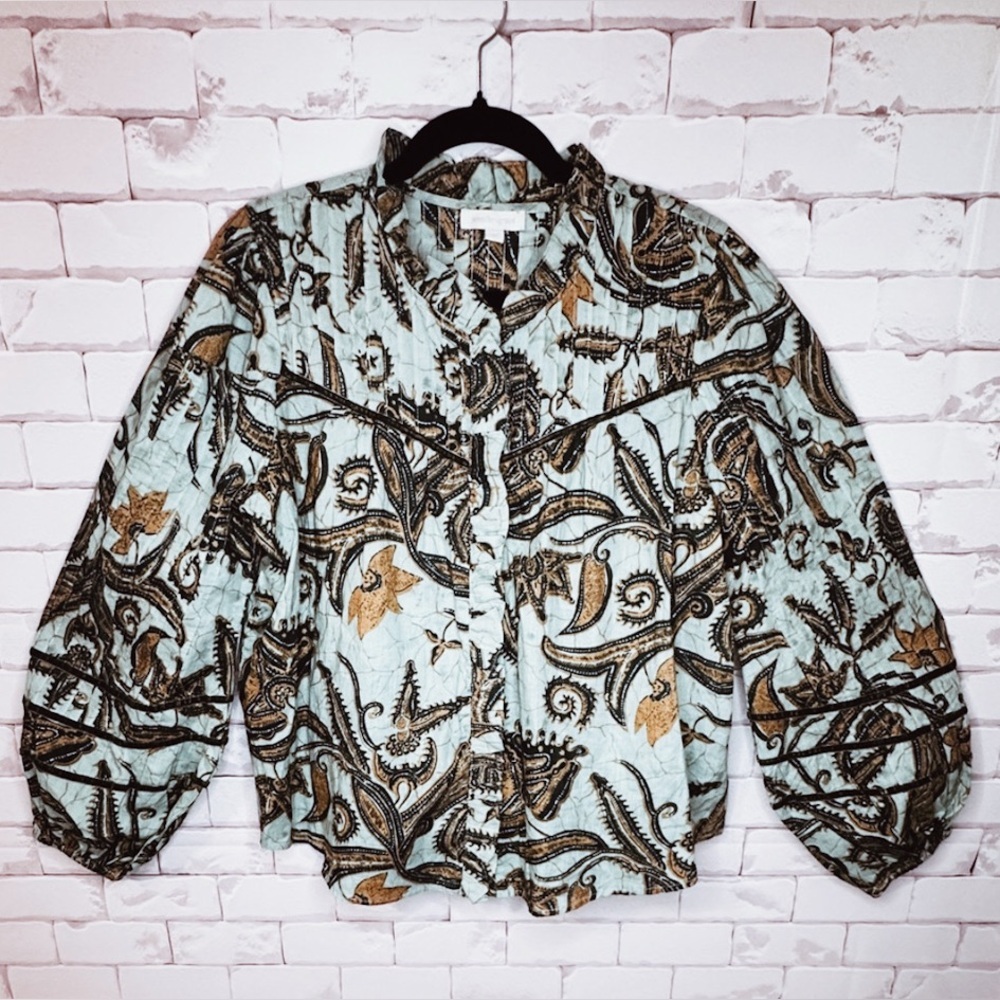 Robin’s Egg Blue Paisley Balloon-Sleeve Blouse